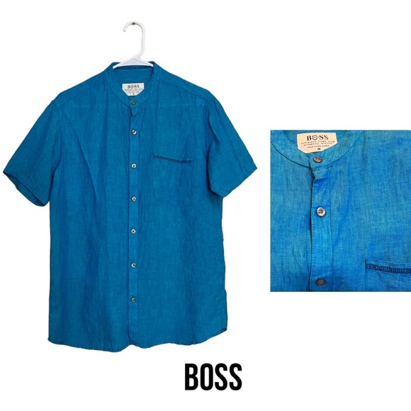 Boss Other - BOSS Linen Mandarine Collar Collarless Short Sleeve Turquoise Button Down Shirt